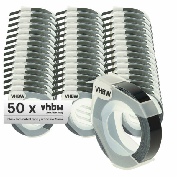 Pack 50x Fita de Etiquetas 3D vhbw compatível com Dymo 520109, 0898130, S0898130 - 9 mm Branco sobre Preto