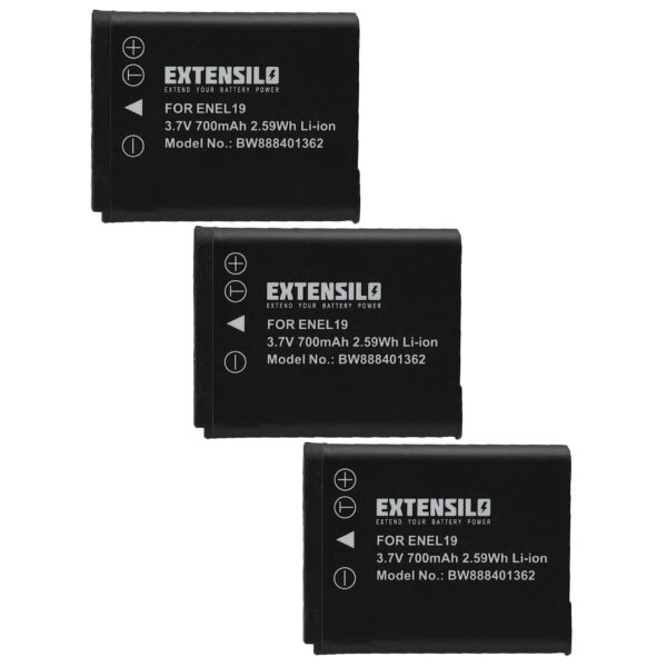 Pack 3x Bateria EXTENSILO para Nikon EN-EL19 - 700mAh, 3.7V, Li-Ion
