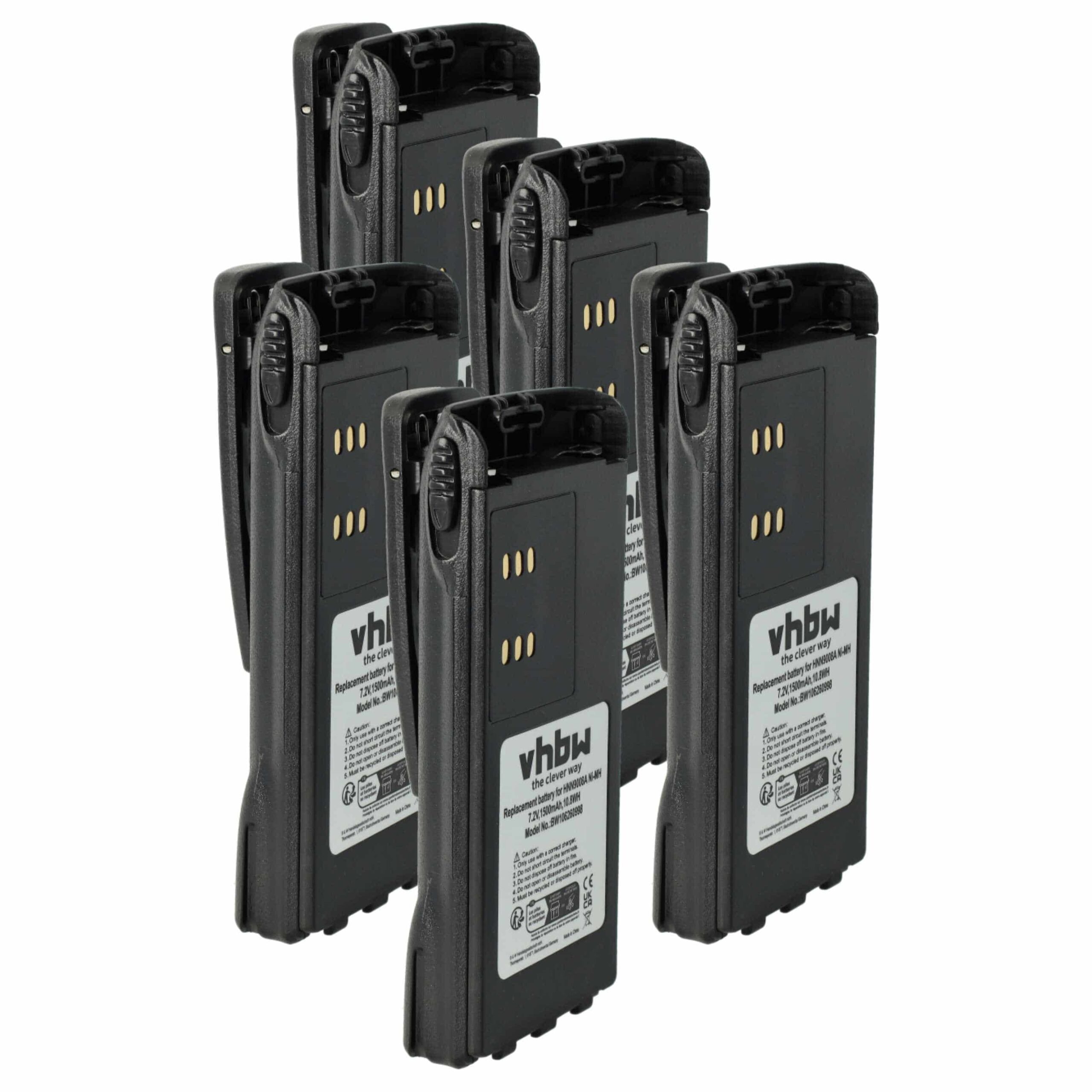 Pack 5 Baterias vhbw para Rádios Motorola HMNN4151, HMNN4154, HMNN4158, HMNN4159 - 1500 mAh 7.2V NiMH + Clips