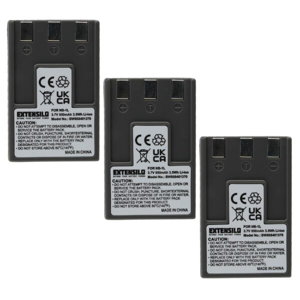 Pack 3 Baterias EXTENSILO NB-1L/NB-1LH para Canon - 950mAh, 3.7V, Li-Ion