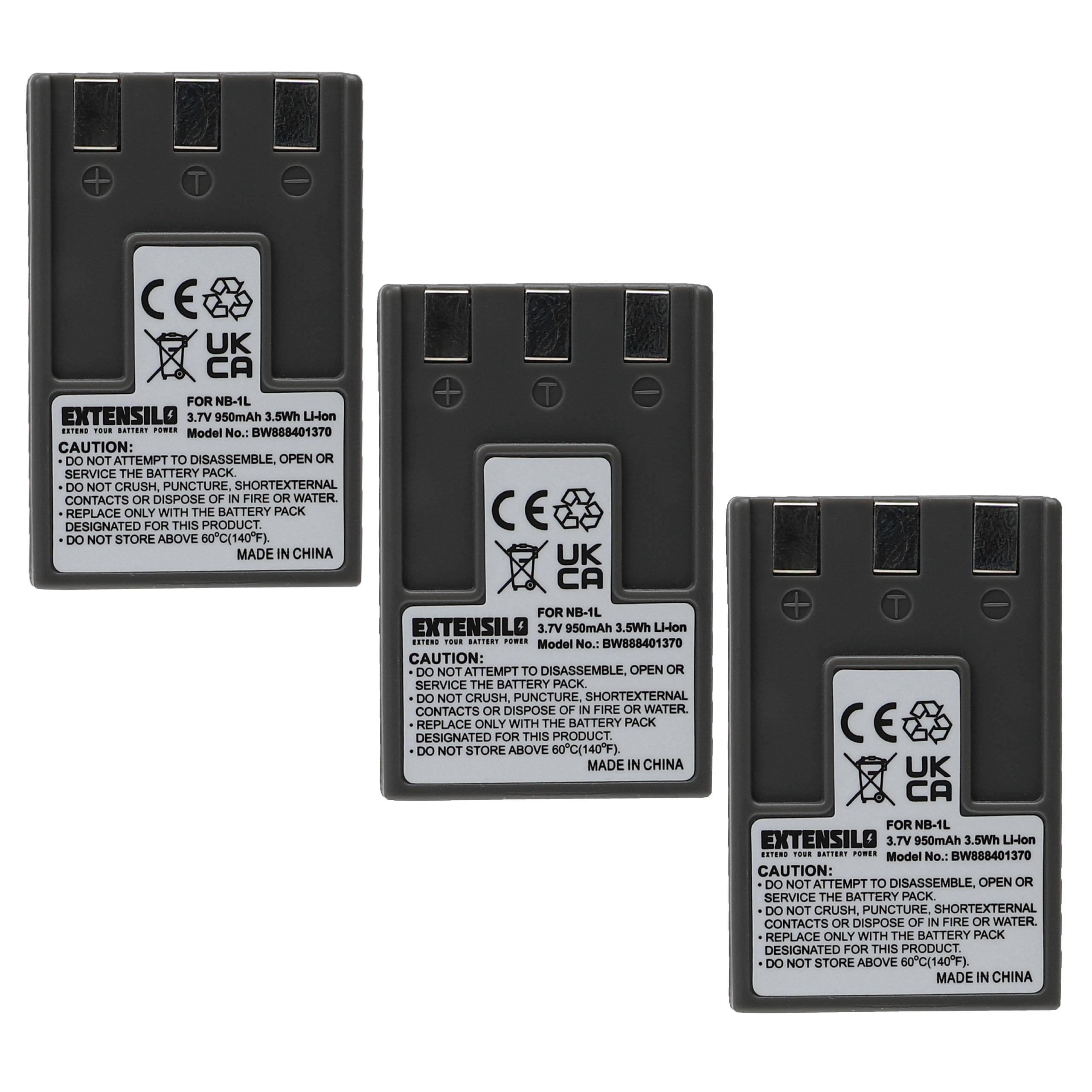 Pack 3 Baterias EXTENSILO NB-1L/NB-1LH para Canon - 950mAh, 3.7V, Li-Ion