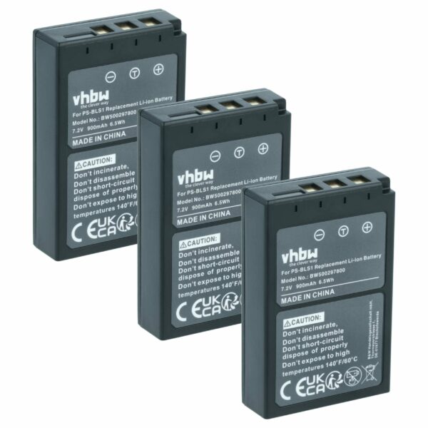 3x Bateria compatível com Olympus PS-BLS1 - 900mAh, 7.2V, Li-Ion
