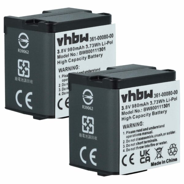 Bateria vhbw 2x para Câmara Garmin - Substituição 010-01363-10, 010-12256-01, 361-00080-00 - 980 mAh 3.8V Li-polímero