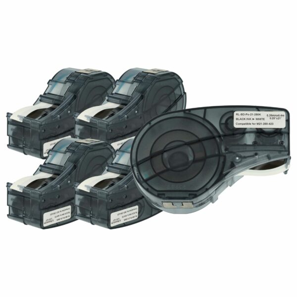 5x Fita de Etiquetas Compatível Brady M21-250-423 - 6.35 mm Preto sobre Branco, Poliéster