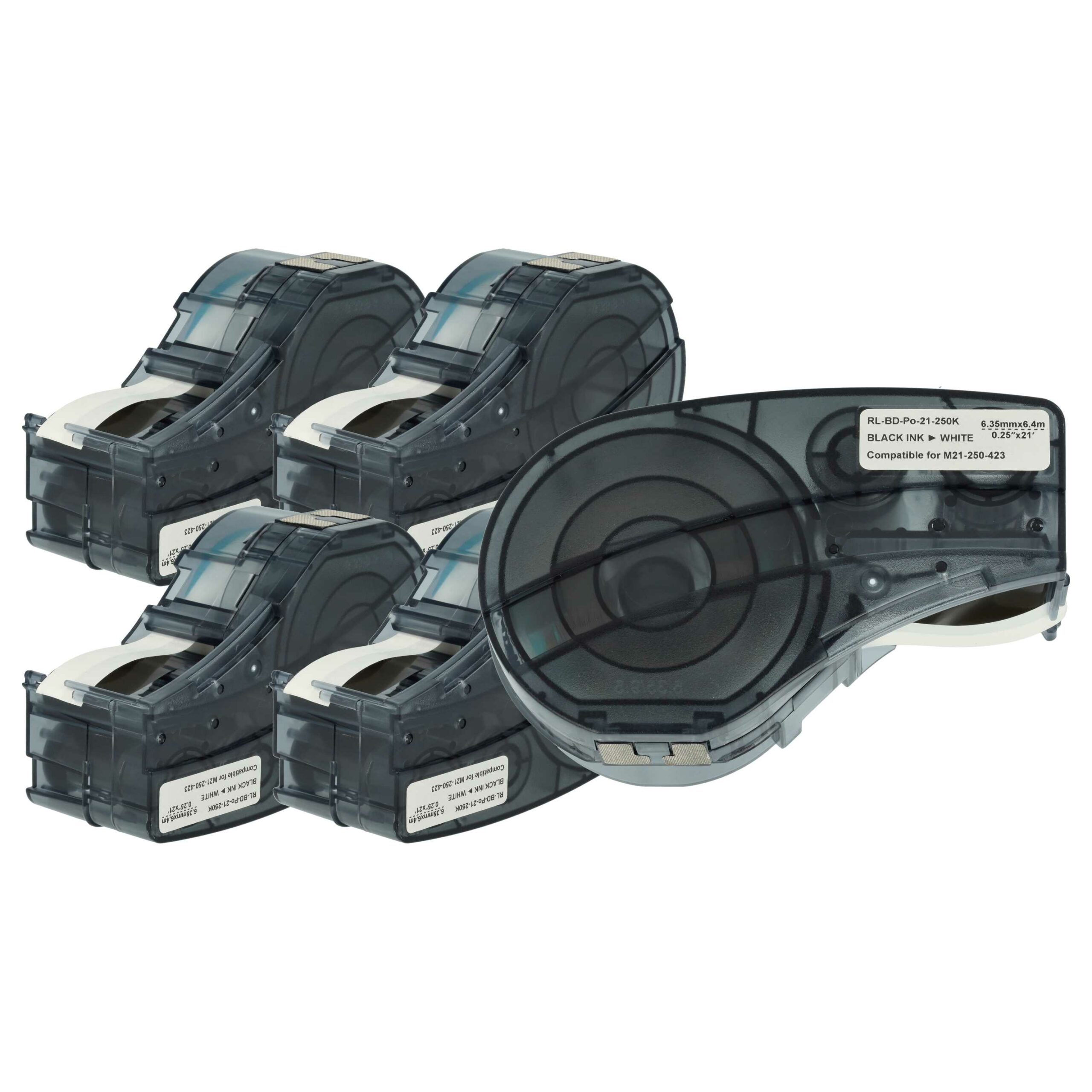 5x Fita de Etiquetas Compatível Brady M21-250-423 - 6.35 mm Preto sobre Branco, Poliéster