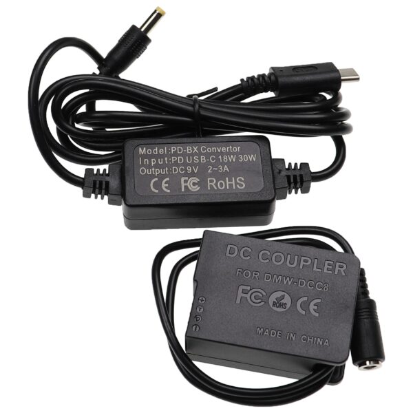 Alimentador USB 9V para Câmaras Leica e Panasonic vhbw - Substitui DMW-AC8EG com Acoplador DC - 2m
