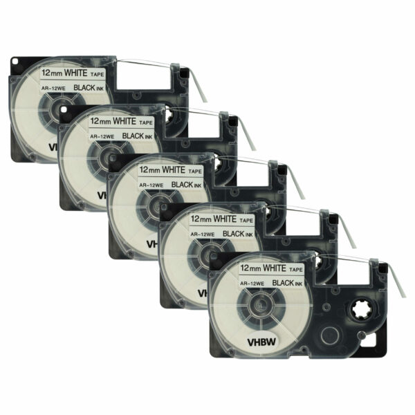 5x Fita de Etiqueta Compatível com Casio XR-12WE, XR-12WE1 - 12 mm Preto sobre Branco