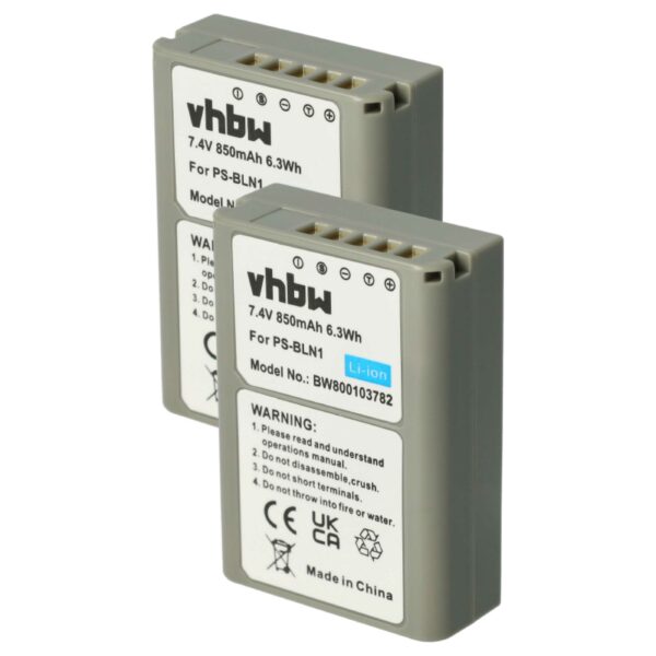 2x Baterias vhbw para Olympus PS-BLN1 - 850mAh, 7.6V Li-Ion com Info Chip