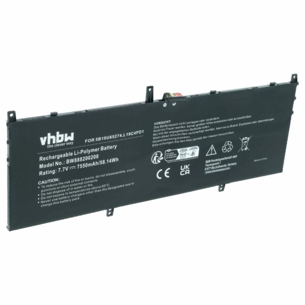 Bateria de Substituição para Lenovo vhbw 5B10U65274, 5B10U65275, L19C4PD1, L19D4PD1 - 7550 mAh 7.7 V Li-polímero