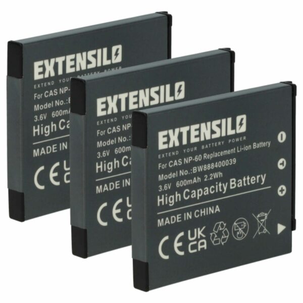 3x Bateria compatível com Casio NP-60 - 600mAh, 3.7V, Li-Ion