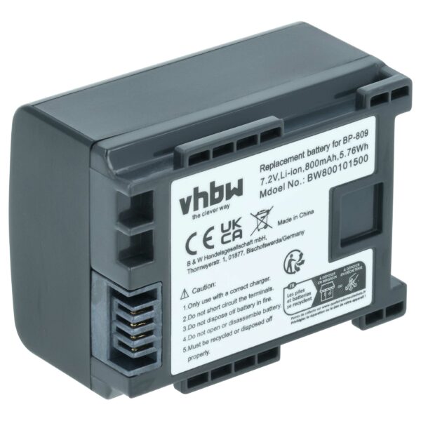 Bateria para Câmara de Vídeo Canon BP-807, BP-809, 2740B002 - 800 mAh 7.2 V Li-Ion vhbw