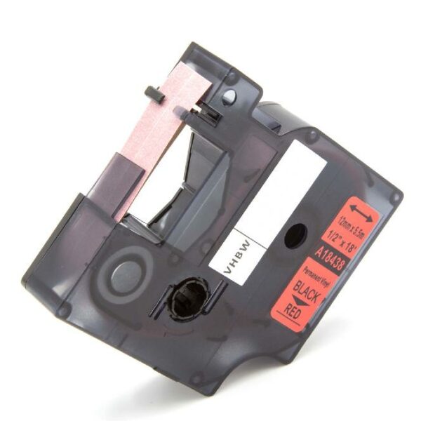 Fita de Etiquetas vhbw Compatível com Dymo 18438 - 12 mm Preto sobre Vermelho, Vinil