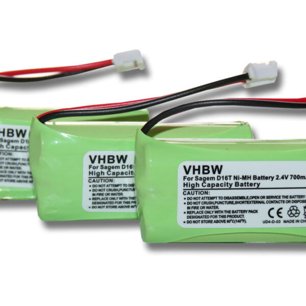 3x Bateria vhbw substitui Sagem 2SN-AAA55H-S-JP1 para telefone fixo Sagem - 700 mAh 2.4 V NiMH