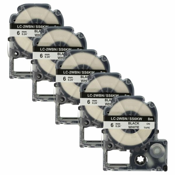 5x Fita de Etiquetas vhbw compatível com Epson LC-2WBN - 6 mm Preto sobre Branco