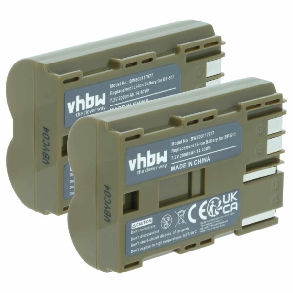 2x Bateria vhbw para Canon BP-511A, BP-512, BP-514, BP-511, BP-508 - 2000mAh, 7.4V, Li-Ion