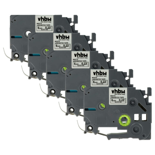 Pack 5x Fita de Etiquetas Compatível Brother TZ-211, TZE-211 - 6 mm Preto sobre Branco