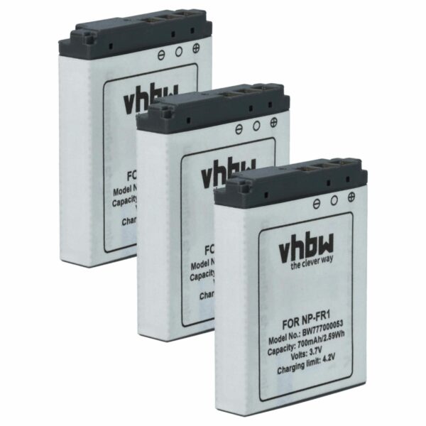 3x Bateria vhbw substitui Sony NP-FR1 - 700mAh, 3.6V, Li-Ion