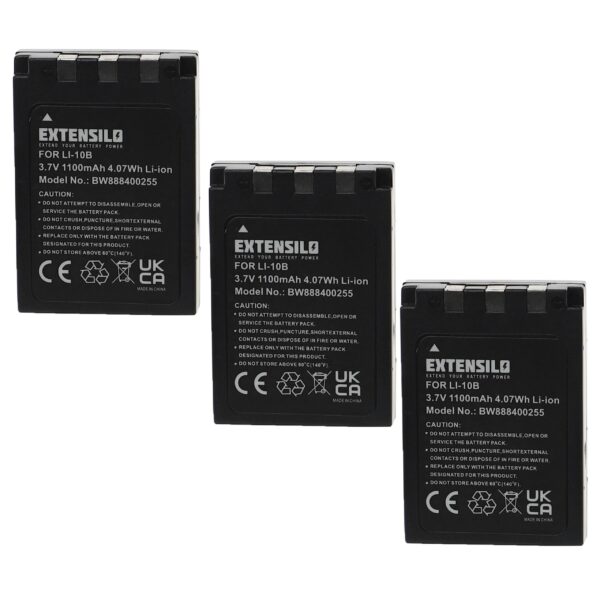 3x Bateria EXTENSILO Li-Ion compatível com Olympus Li-10B, Li-12B - 1100mAh, 3.7V