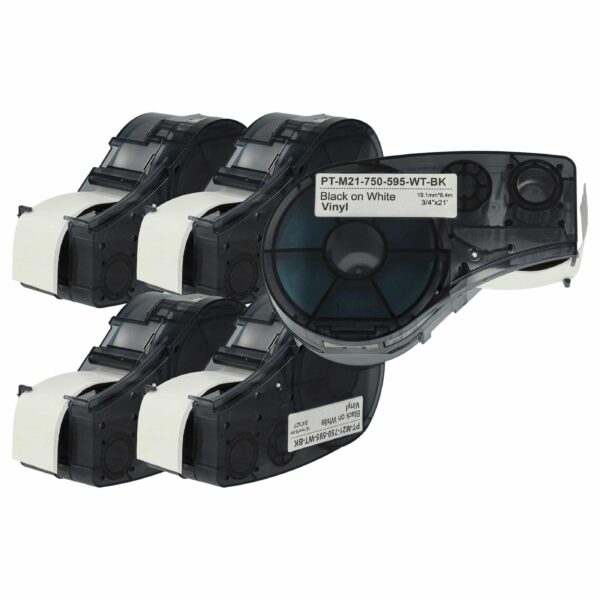 Pack 5x Fita de Etiquetas compatível com Brady M21-750-595-WT - 19,05 mm Preto sobre Branco, Vinil
