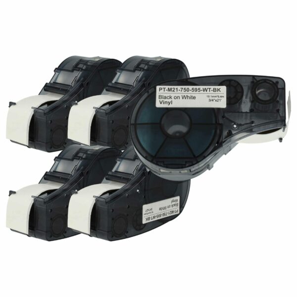 Pack 5x Fita de Etiquetas compatível com Brady M21-750-595-WT - 19,05 mm Preto sobre Branco, Vinil