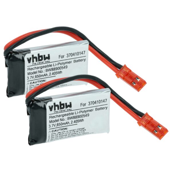 Bateria de Substituição vhbw 2x 650 mAh 3.7V Li-polymer para Carrera 370410147 - Conector JST BEC
