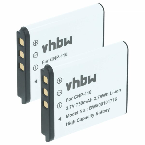 2x Bateria substitui Casio NP-160, NP-110DBA, NP-110, NP-110L - 750mAh, 3.6V, Li-Ion