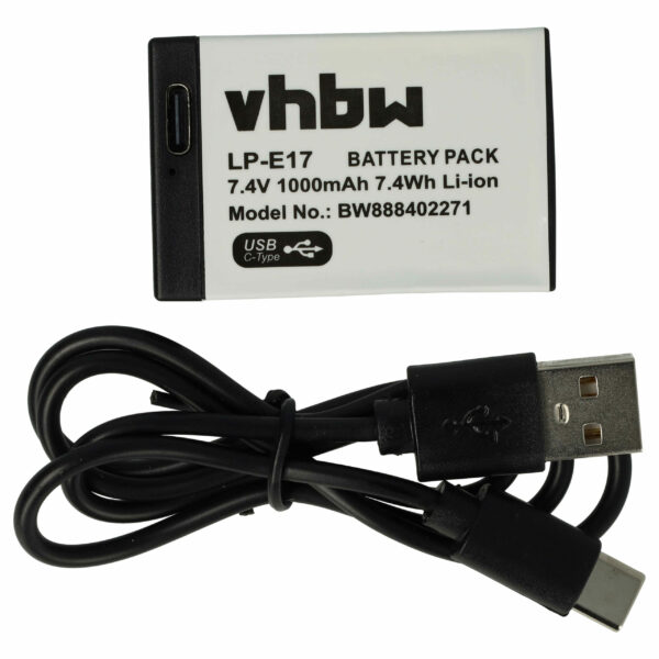 Bateria vhbw compatível com Canon LP-E17 - 1000mAh, 7.4V, Li-Ion, com porta USB-C