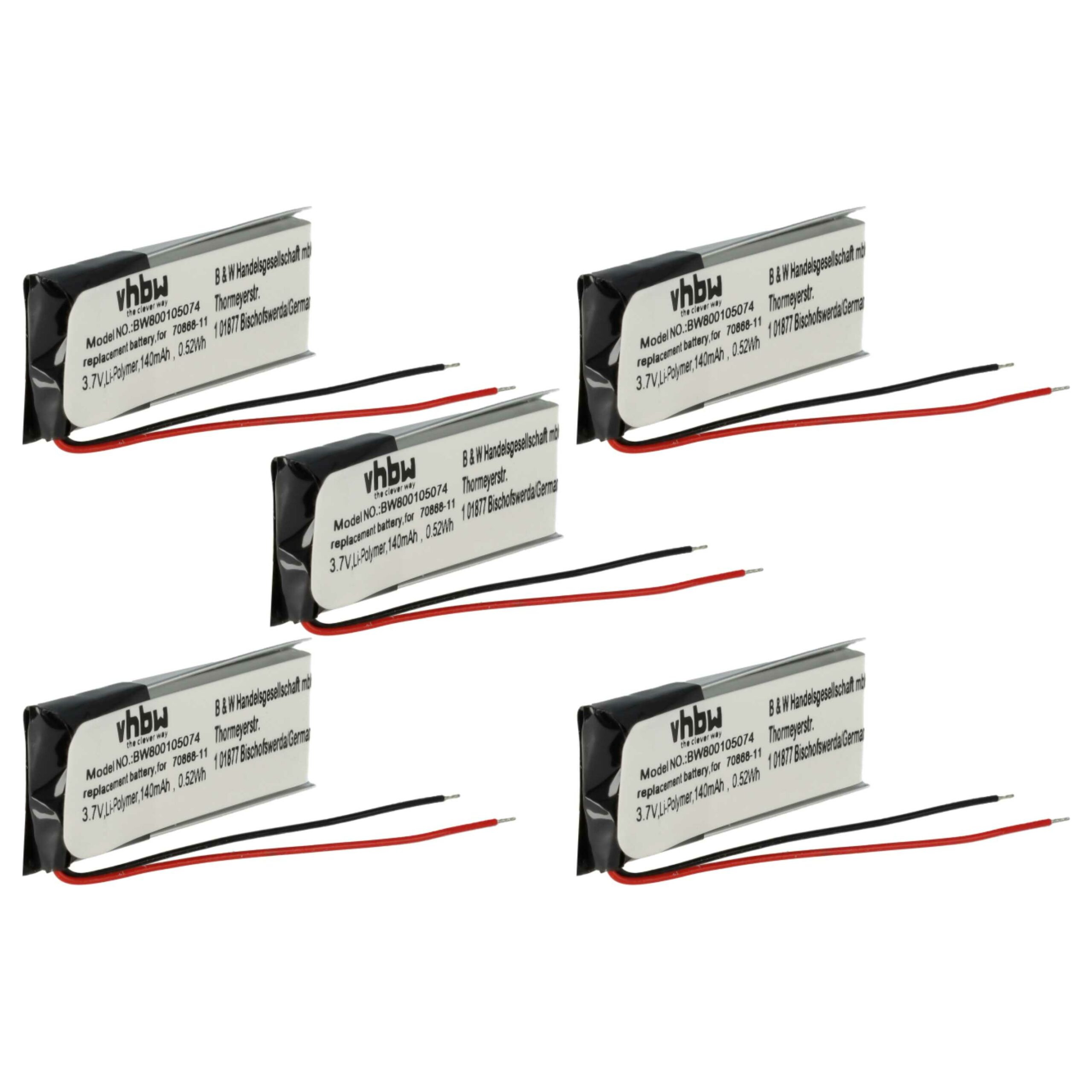 Bateria vhbw para Auscultadores sem Fios 5x 140 mAh 3.7 V Li-polymer (substitui Jabra, Plantronics, etc.)