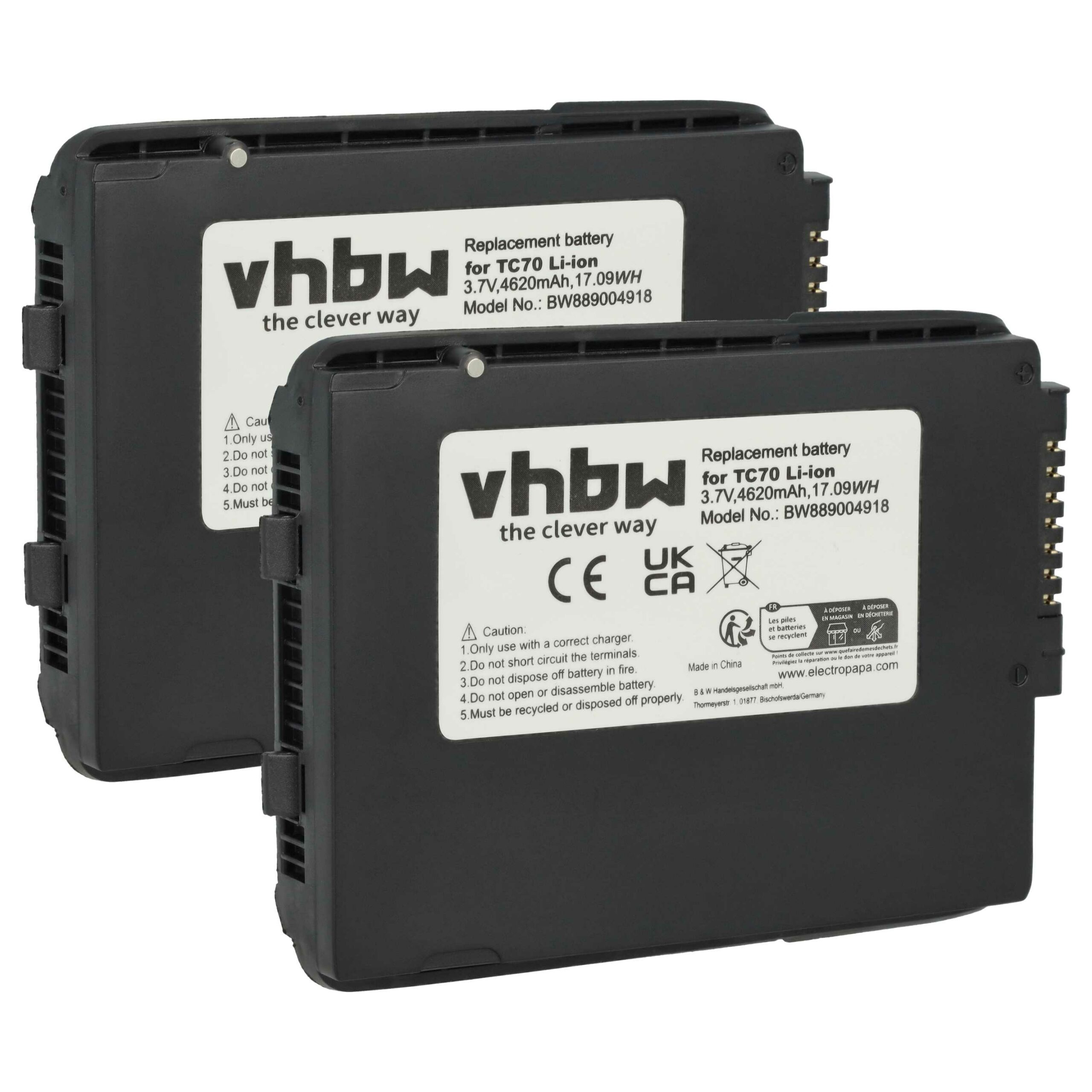 2x Bateria vhbw para Zebra Leitor de Códigos de Barras POS - 4620 mAh 3.7V (substitui 82-171249-02, 82-171249-01)