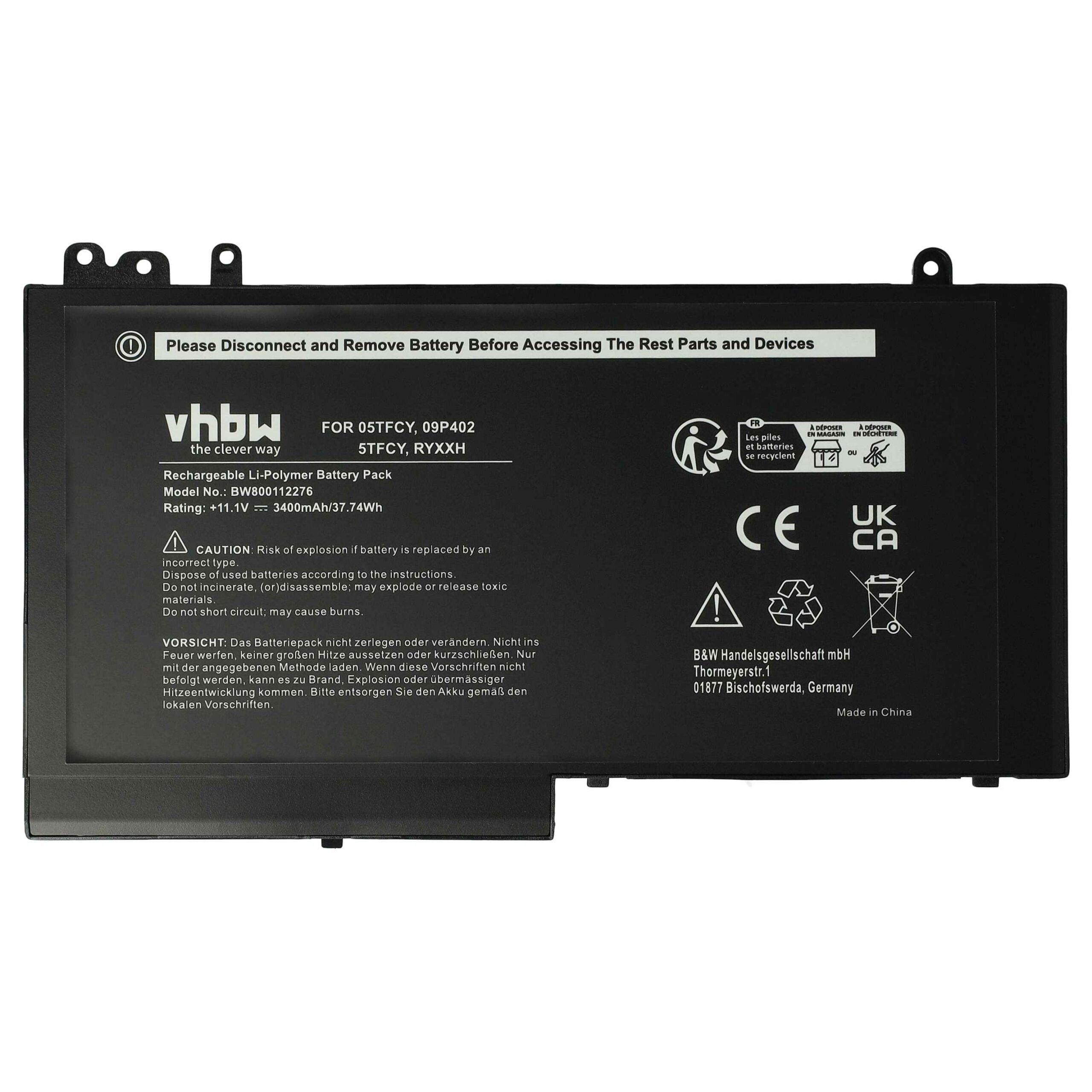 Bateria vhbw para Dell compatível com modelos 09P402, 0JY8D6, 05TFCY, 0PYWG, 0RDRH9 - 3400 mAh 11.1 V Li-polymer