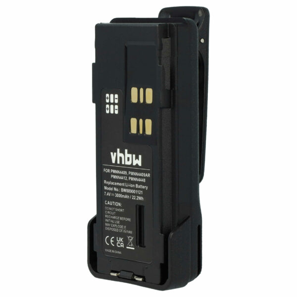 Bateria vhbw para Rádios Motorola PMNN4406, PMNN4409AR, PMNN4406BR, PMNN4409 - 3000 mAh 7.4 V Li-Ion com Clip