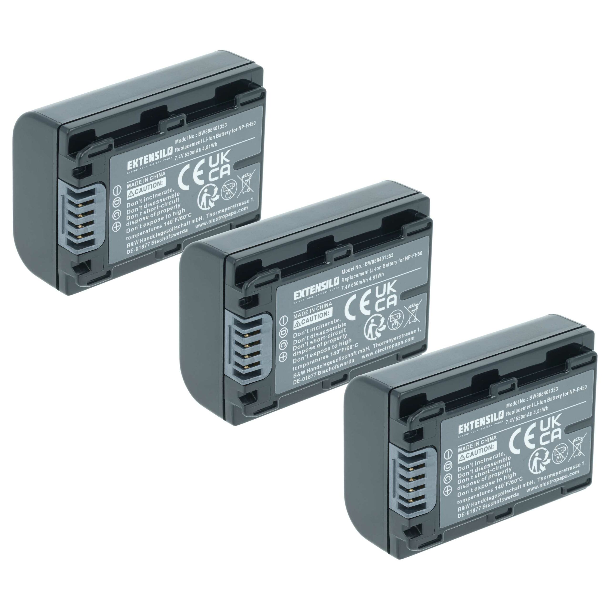 3x Bateria Extensilo para Sony NP-FH70, NP-FH50 - 650mAh, 7.2V