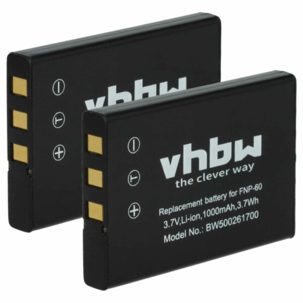 2x Bateria vhbw substitui Aiptek ZPT-NP60 - 1000mAh, 3.6V, Li-Ion