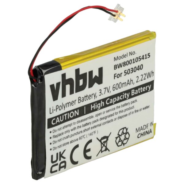 Bateria vhbw para leitor MP3 Samsung 503040 - 600 mAh 3.7 V Li-polymer