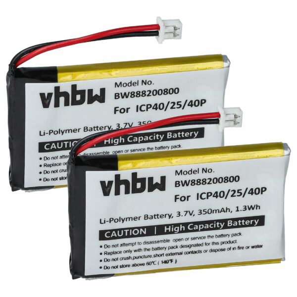 Bateria Wireless Headset vhbw 2x 350 mAh 3.7V Li-polymer - Compatível Sena ICP40/25/40P