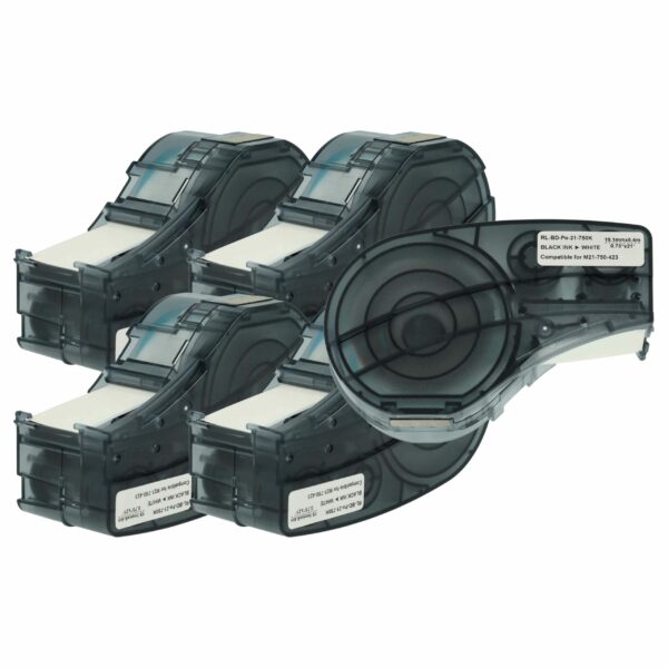 5x Fita de Etiquetas compatível com Brady M21-750-423 - 19.05 mm Preto em Branco, Poliéster