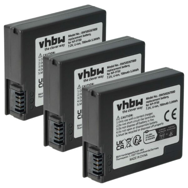 Bateria vhbw 3x para Câmaras de Vídeo Sony NP-FF51, NP-FF50 - 700 mAh 7.4V Li-Ion
