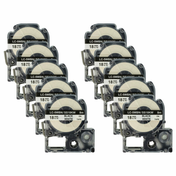 10x Fita de Etiqueta compatível Epson SS18KW, LC-5WBN - 18 mm Preto sobre Branco