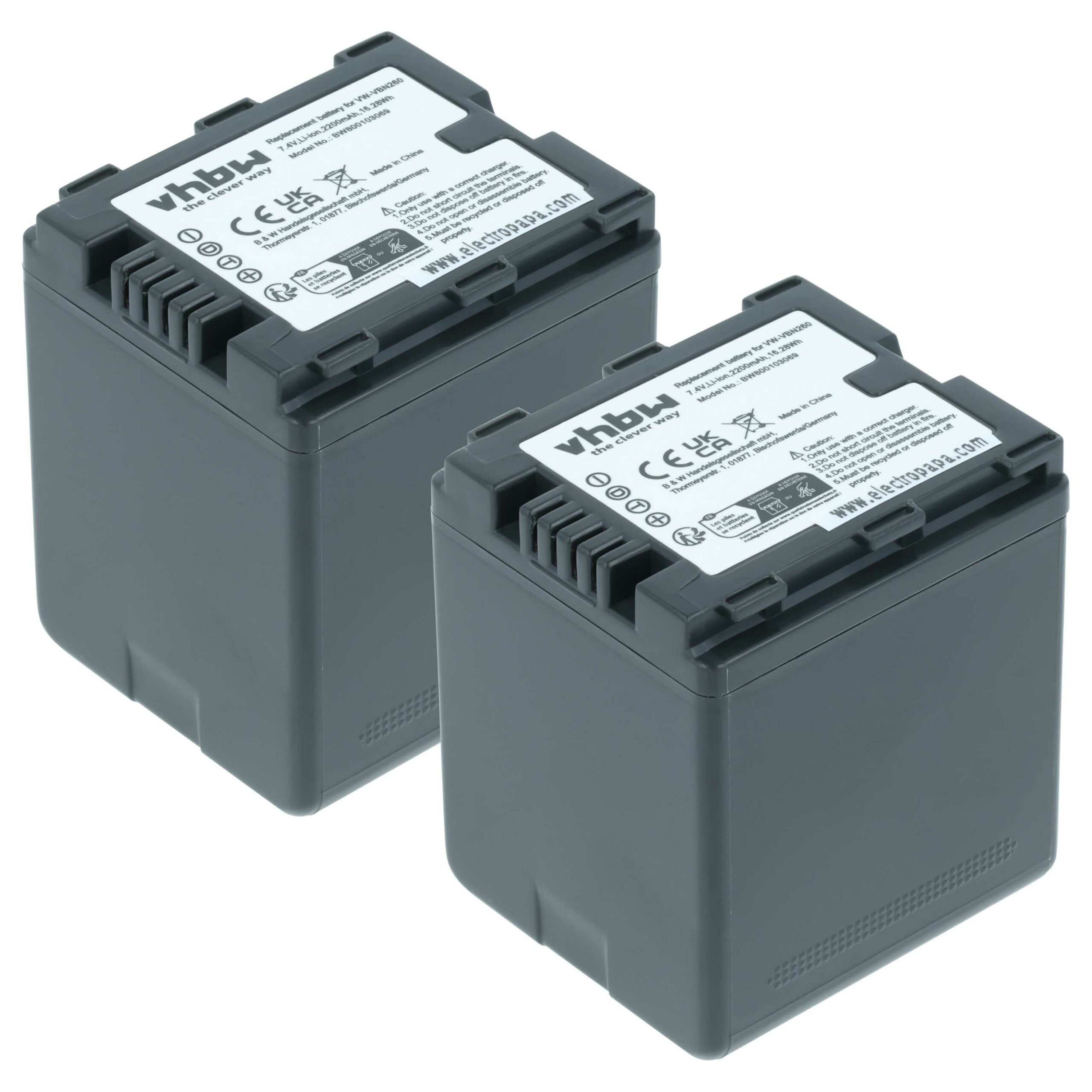 Pack de 2 Baterias vhbw para Câmara Panasonic VW-VBN130 / VW-VBN130E — 2200 mAh 7.2 V Li-Ion