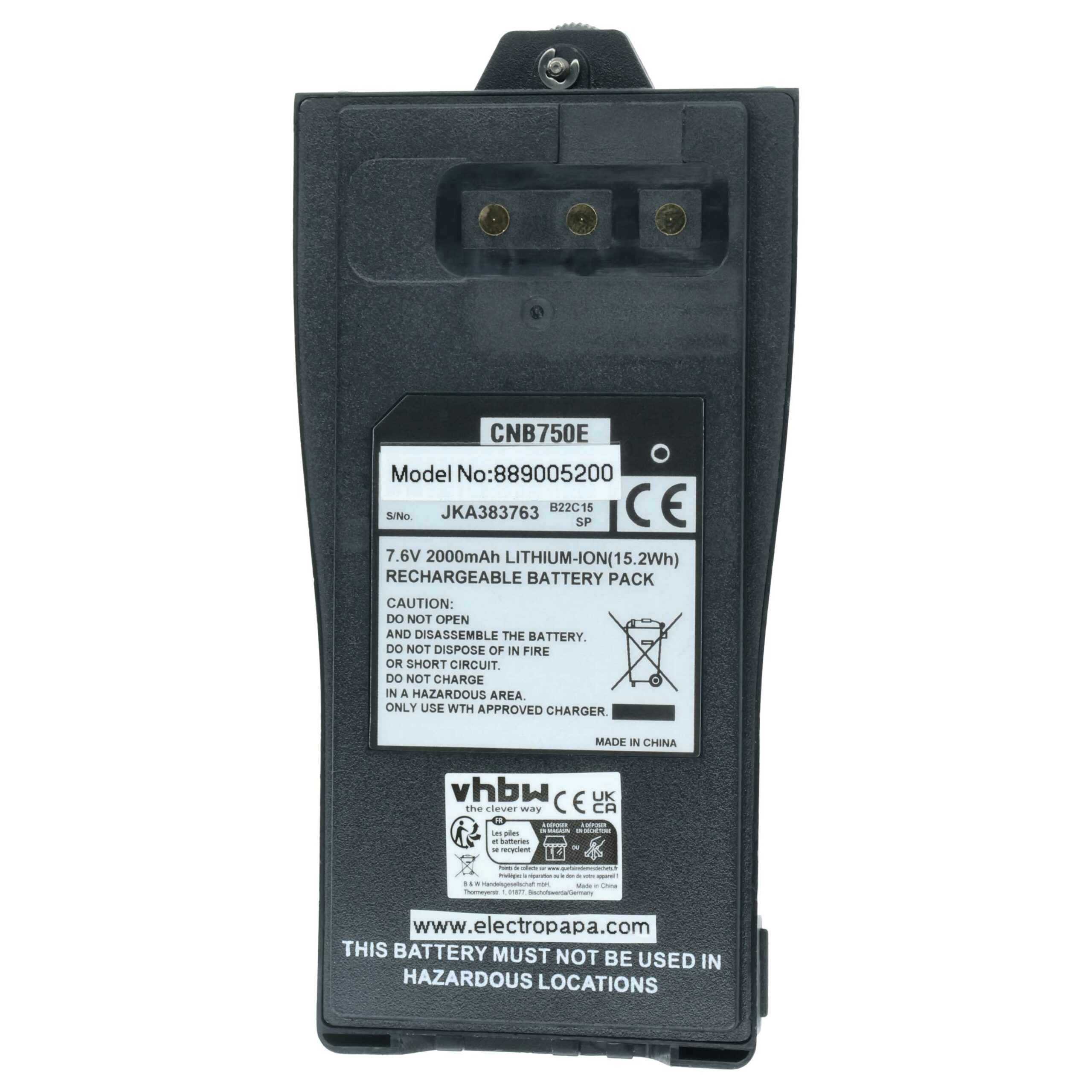 Bateria vhbw para Rádio Entel CNB750E - 2000 mAh 7.6 V Li-Ion + Clip de Cintura - Image 3