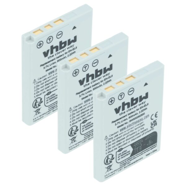 3x Bateria vhbw para Nikon EN-EL8 - 600mAh, 3.6V, Li-Ion