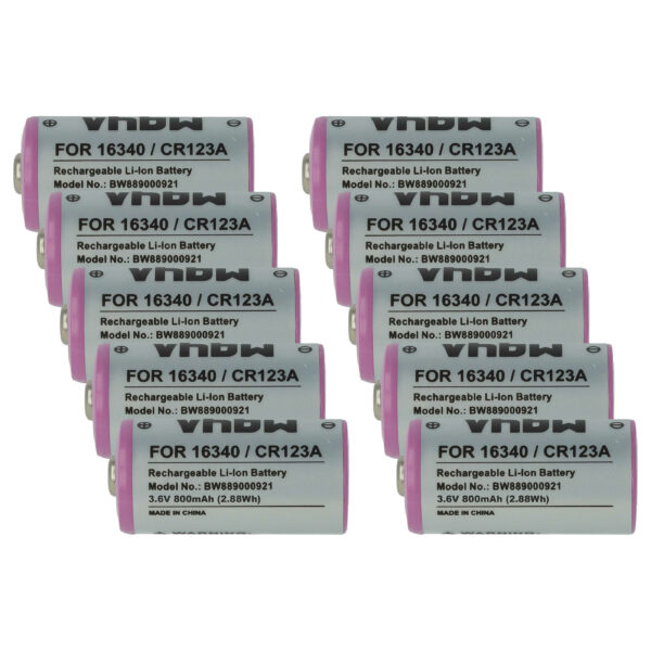 Pack de 10 Baterias vhbw CR123A / 16340 800 mAh 3.6 V Li-Ion