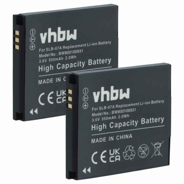 2 Baterias vhbw para Samsung SLB-07A, SLB-07B - 550mAh, 3.6V, Li-Ion