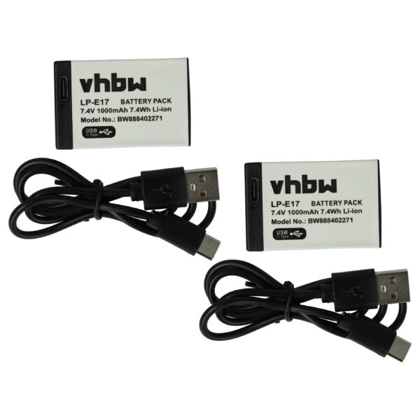 2x Baterias vhbw para Canon LP-E17 - 1000mAh, 7.4V Li-Ion com Porta USB-C