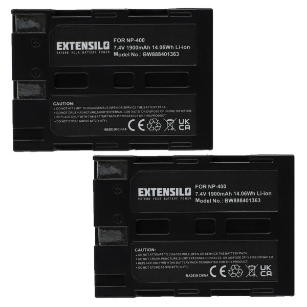 2x Bateria EXTENSILO NP-400 para Minolta, Pentax, Sigma, Samsung - 1900mAh, 7.4V, Li-Ion