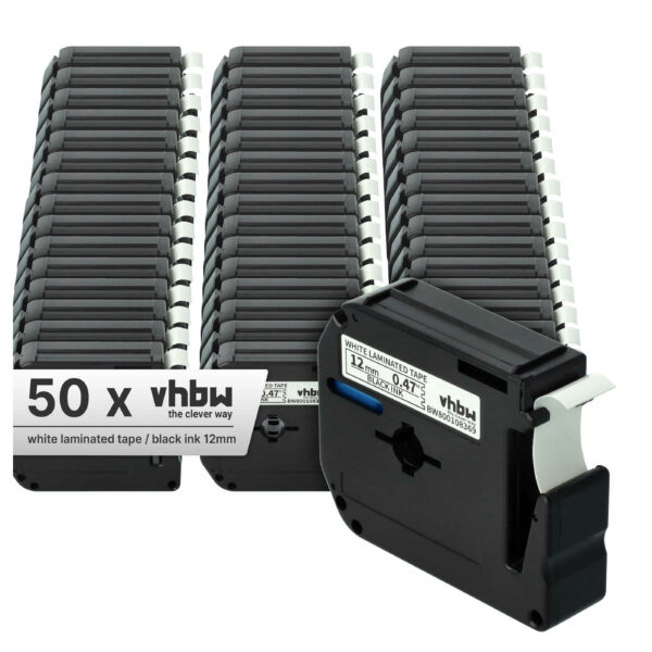 50x Fita de etiquetas vhbw substitui Brother M-K231 - 12 mm Preto sobre Branco