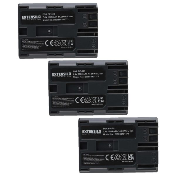 Pack de 3 Baterias EXTENSILO para Canon BP-535, BP-512, BP-511A, BP-522, BP-514, BP-511, BP-508 - 1900mAh 7.4V Li-Ion