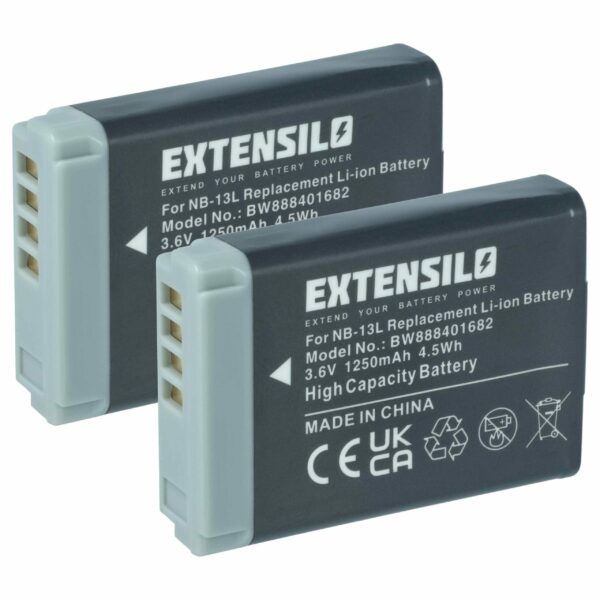 Bateria de Substituição EXTENSILO para Canon NB-13L - 1250mAh, 3.6V, Li-Ion (Pack 2x)