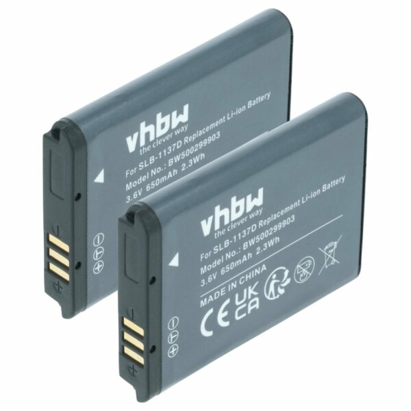 2x Bateria vhbw substitui Samsung SLB-1137d - 750mAh, 3.6V, Li-Ion