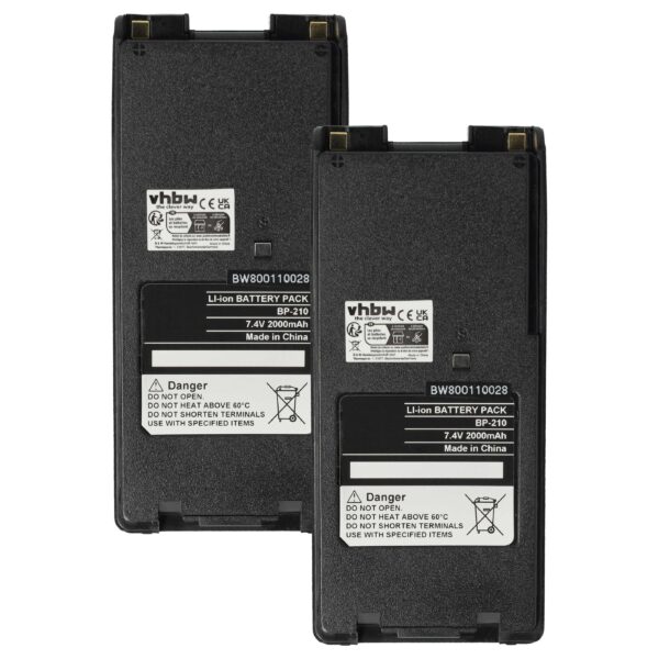 Bateria vhbw 2x para Rádios Icom BP-211, BP-210N, BP-210, BP-209N, BP-209 - 2000 mAh 7.4V Li-Ion com Clip de Cintura